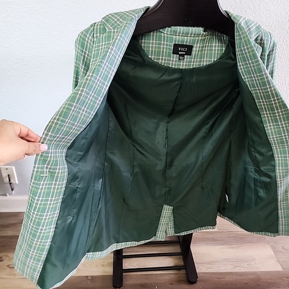 Vici Green Pink Plaid Mid Length Blazer Jacket One Button Medium - Picture 11 of 12